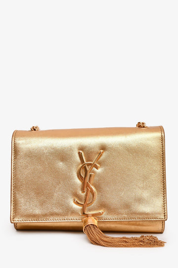 Saint Laurent Gold Metallic Leather Kate TaESle Chain Small CroESbody