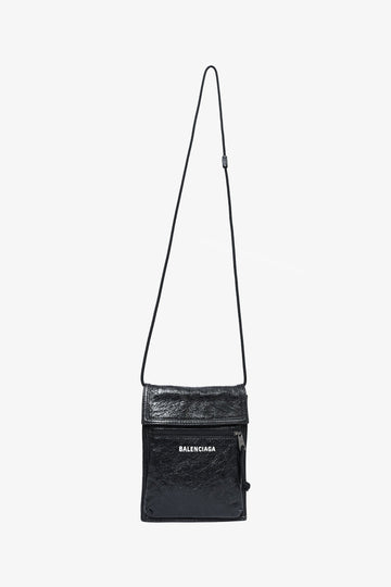 Balenciaga Black Crinkled Leather Explorer Pouch CroESbody