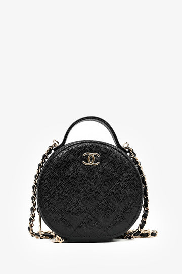 Chanel™ Black Caviar Leather Round Mini 'Handle with Care' Vanity with Chain