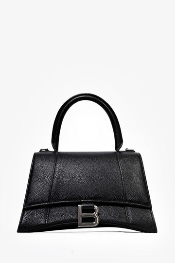Balenciaga Black Grained Leather Small HourglaES Top Handle Bag with Strap