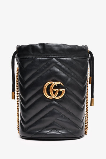 Gucci Black Leather Marmont Drawstring Mini Bucket Bag