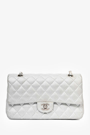 Chanel™ 2014 Silver Perforated Leather Medium Double Flap Shoulder Bag