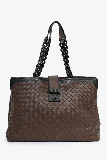 Bottega Veneta Brown/Black IntrESciato Leather Chain Tote