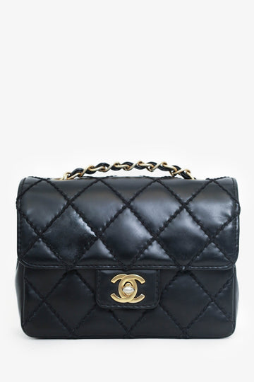 Chanel™ 2003-04 Black Calfskin Wild Stitch Mini ClaESic Square Flap Bag \'As Is\'