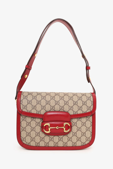 Gucci Beige/Red GG Monogram Horsebit 1955 Small Shoulder Bag