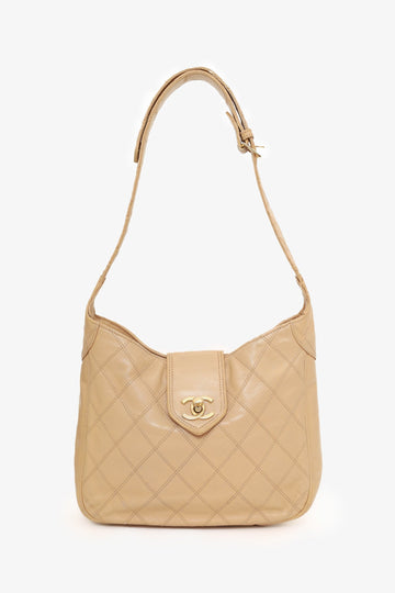 Chanel™ 1986-88 Beige Quilted Lambskin CC Hobo Shoulder Bag with Pouch