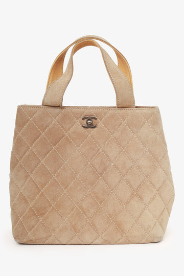Chanel™ 2002-03 Beige Suede Quilted Mini Shopping Tote with Strap