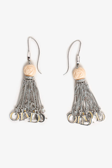Christian Dior Silver Tone/Cream Enamel Rose Logo Tassel Earrings