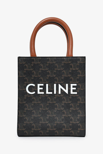 Celine Brown Leather Logo Mini Vertical Cabas Tote Bag with Strap