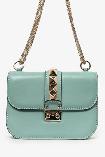 Valentino Teal Blue Leather Small Rockstud Glam Lock Shoulder Bag