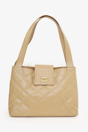 Chanel™ 2000-02 Beige Caviar Leather Coco Mark Shoulder Bag