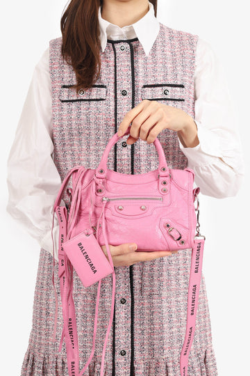 Balenciaga Pink Leather Mini ClaESic City Bag with Logo Strap