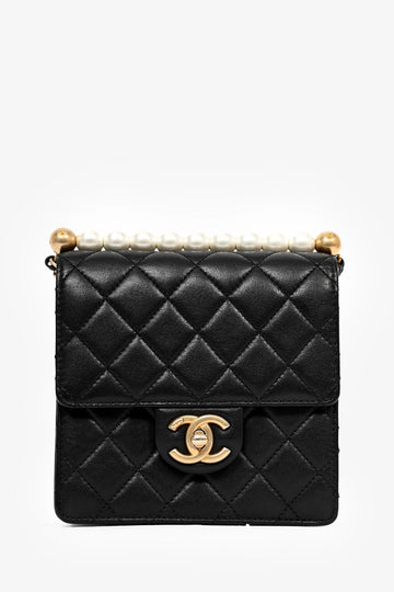 Chanel™ 2019 Black Leather Chic Pearl Swaure Flap Bag