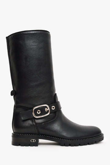 Christian Dior Black Leather Moto Boots with Silver Crystals Size 36