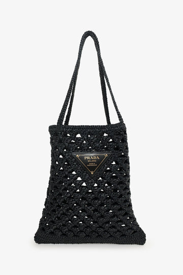 Prada Black Yarn Raffia EffESt Embroidered Logo Tote