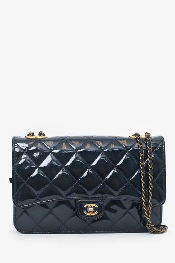 Chanel™ 2015 Navy Patent Leather Quilted CC Eyelet Wallet On Chain
