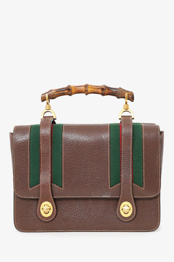 Gucci Brown Leather/Cavas Vintage Bamboo Top Handle Bag with Strap