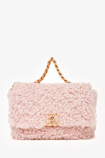 Chanel™ 2021 Pink Shearling \'Chanel 19\' Medium Flap Shoulder Bag