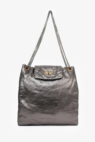 Chanel™ Grey Metallic Perforated Leather 'Drill' Large Hobo Bag