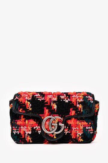 Gucci Orange/Green Tweed Leather Trimmed GG Marmont Super Mini CroESbody With Chain