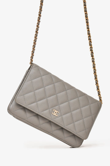 Chanel™ Grey Caviar Leather Wallet On Chain
