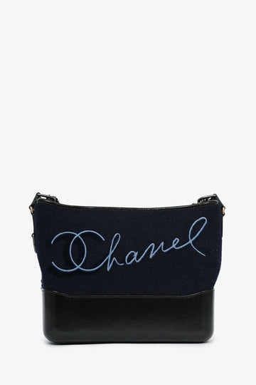 Chanel™ 2019 Navy Wool 'Paris Hamburg' Embroidered Large Gabrielle Hobo