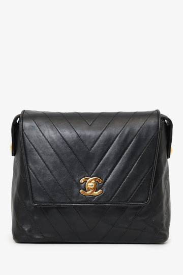 Chanel™ 1994-96 Black Quilted Lambskin Chevron Flap Shoulder Bag