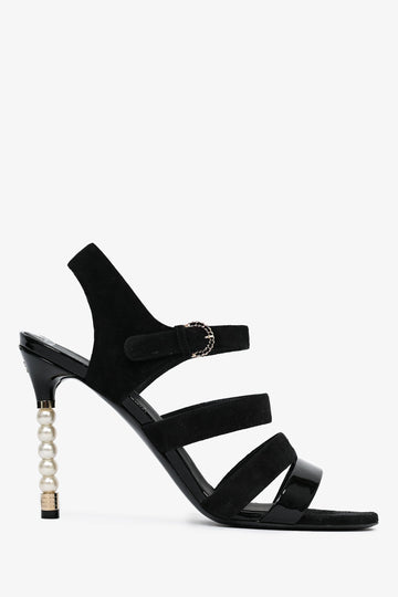 Chanel™ Black Suede Pearl Strappy Heels Size 39.5 (As Is)