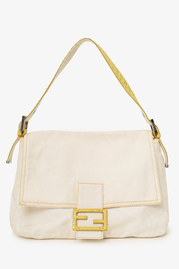 Fendi White Denim/Yellow Python Top Stitched Mamma Baguette Bag
