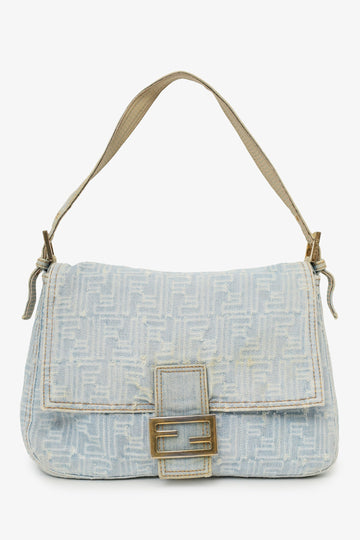 Fendi Blue Denim Zucca Mama Forever Baguette Bag with Bag Insert 'As Is'