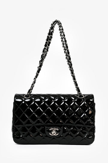 Chanel™ 2013-14 Black Patent Quilted Medium Double Flap Shoulder Bag