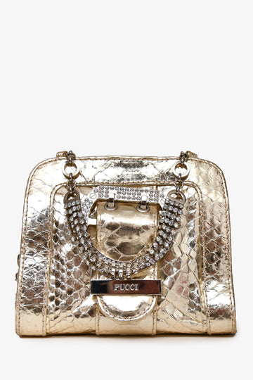 Emilio Pucci Gold EmboESed Leather Crystal Embellished Mini Bag