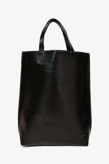 Ganni Black Leather Banner Tote With Canvas Strap
