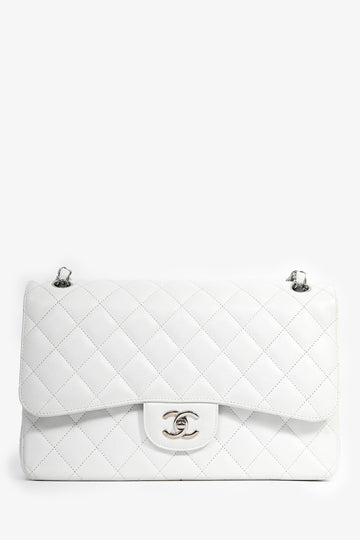 Chanel™ 2011 White Caviar Leather Jumbo Double Flap Shoulder Bag