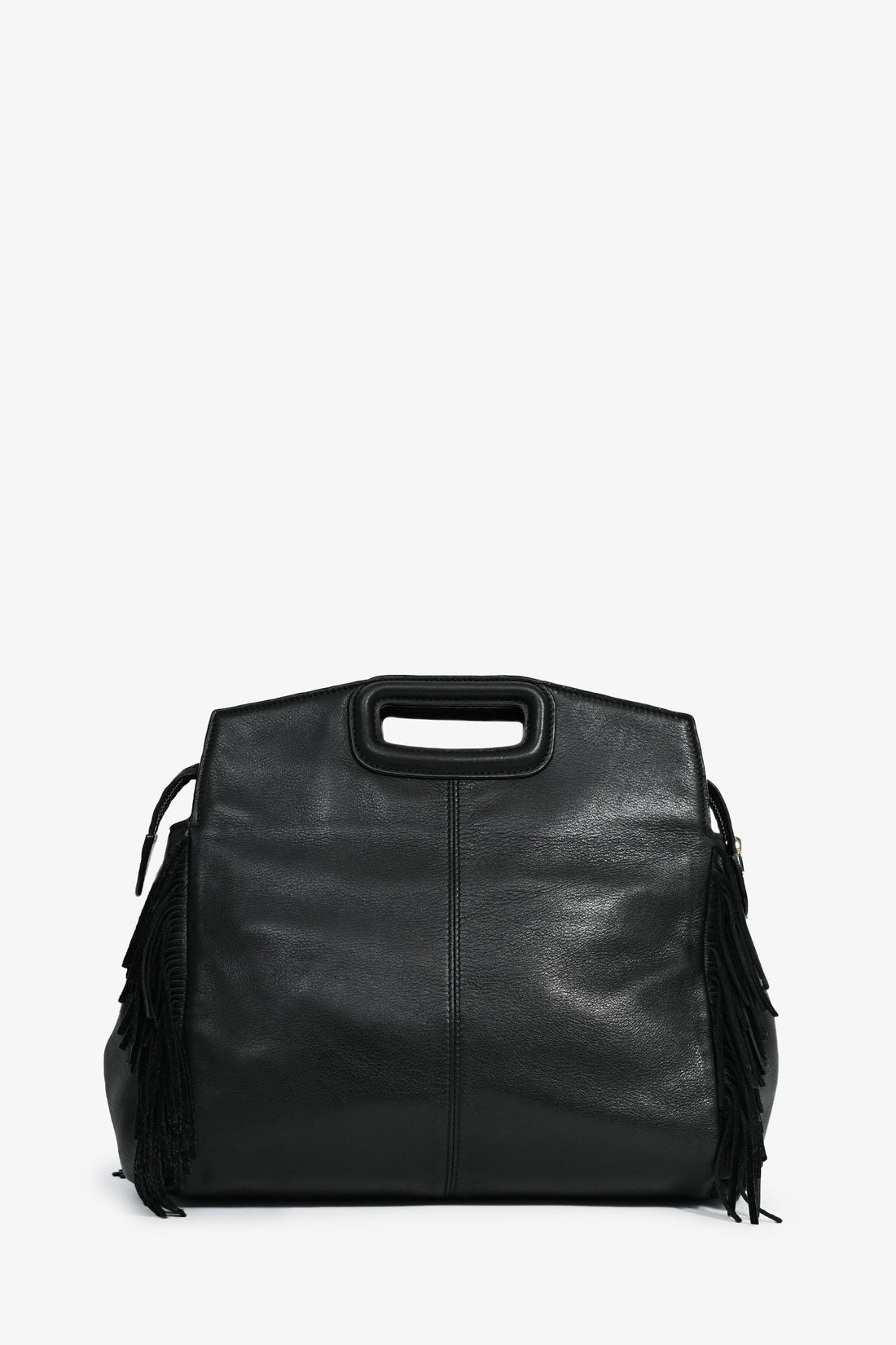 Maje Black Leather Suede Fringe Large Top Handle Bag with Strap