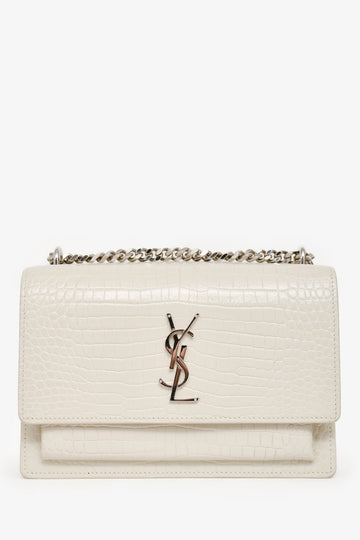 Saint Laurent 2022 Grey Croc EmboESed Leather Medium Sunset Shoulder Bag