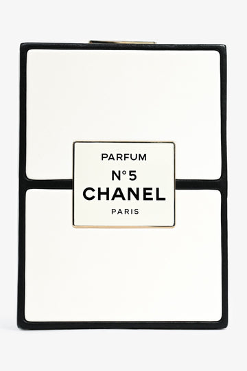 Chanel™ Black/White Leather No. 5 Perfume Clutch Evening Clutch