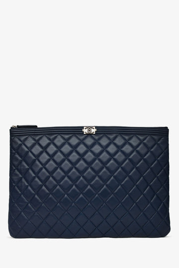 Chanel™ 2015-16 Navy Blue Quilted Lambskin Leather Large Zip O Case