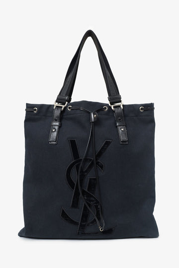 Saint Laurent Paris Black Canvas/Velvet Drawstring Kahala Tote