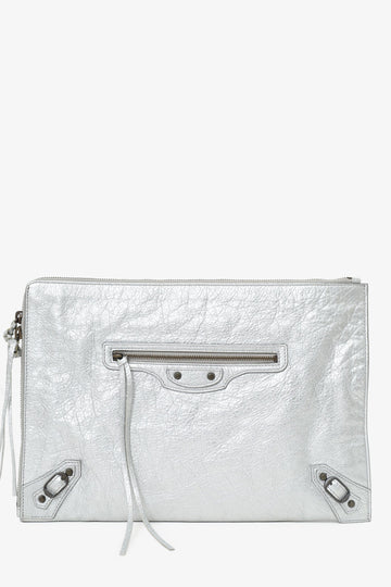 Balenciaga Silver Metallic Lambskin Leather MotocroES Clutch