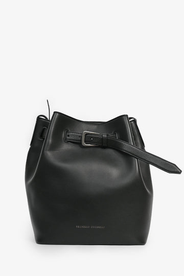 Brunello Cucinelli Black Calfskin 'Sartorial' Large Bucket Bag