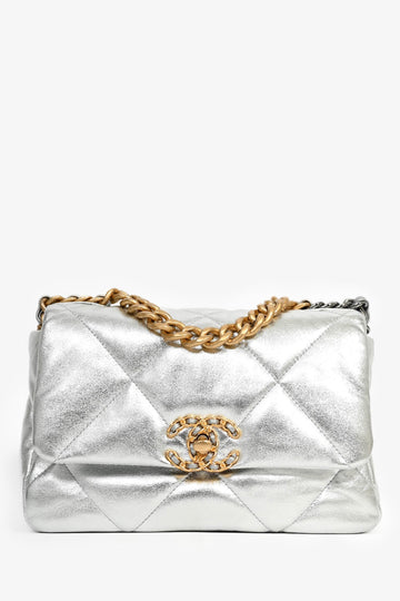 Chanel™ 2020 Silver Lambskin Medium 19 Flap Bag