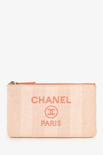 Chanel™ 2019-2020 Pink Interlocking CC Deauville Raffia O Case Mini Zip Pouch