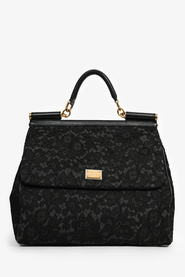 Dolce & Gabbana Black Lace Large MiES Sicily Top Handle Bag with Strap