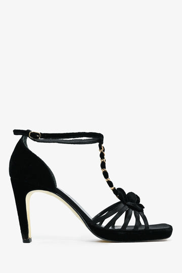 Chanel™ Black Velvet Chain Link Camellia Heels Size 38
