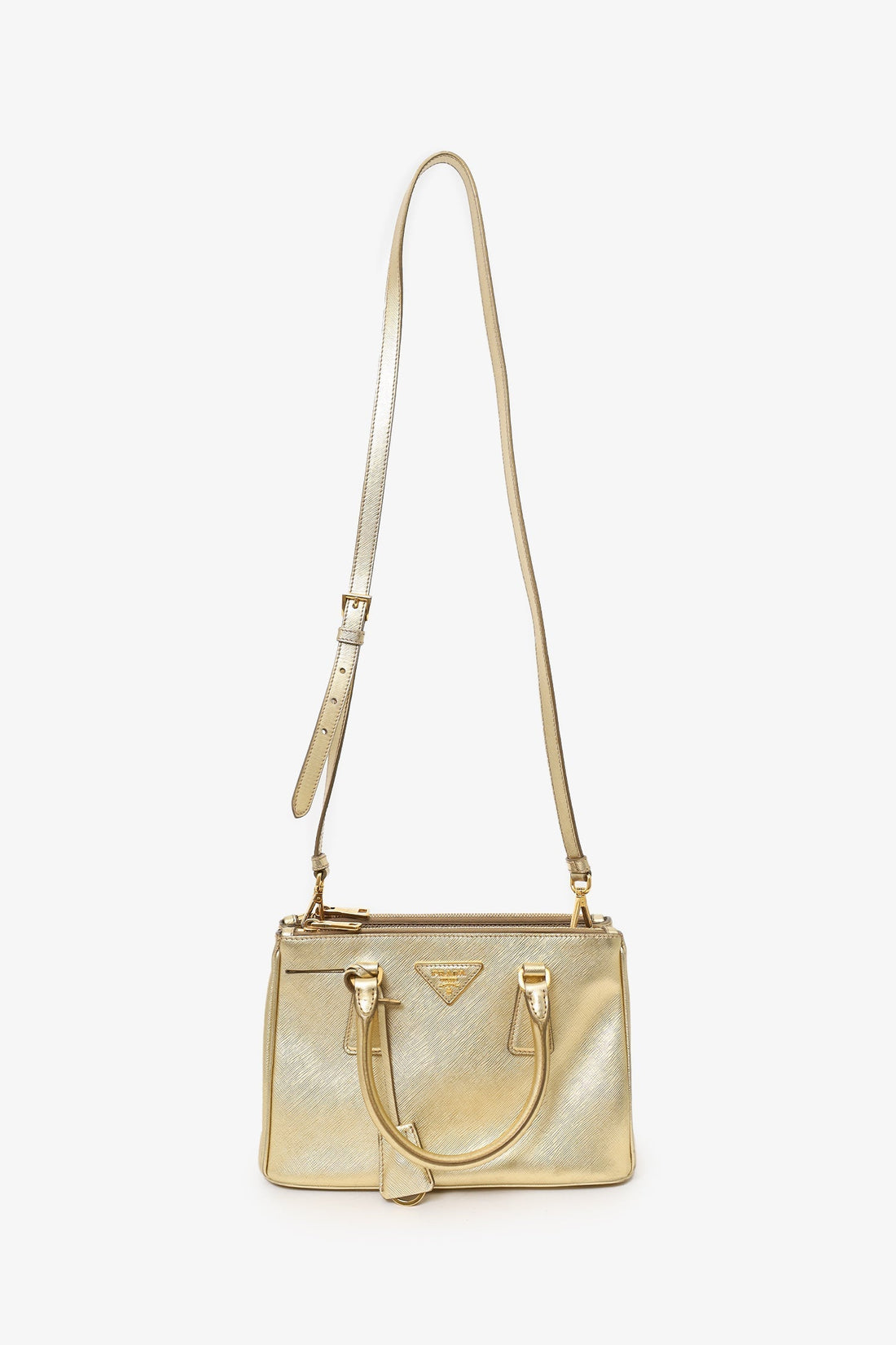 Prada Gold Metallic Saffiano Lux Leather Small Double Zip Galleria Tote with Strap