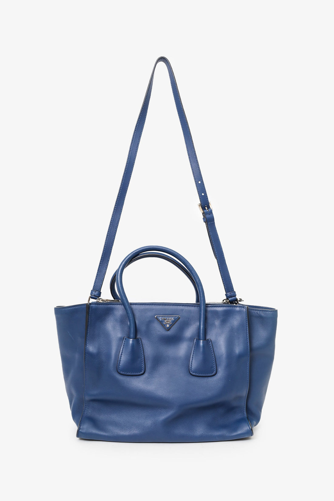 Prada Navy City Calf Small Twin Pocket Tote with Strap