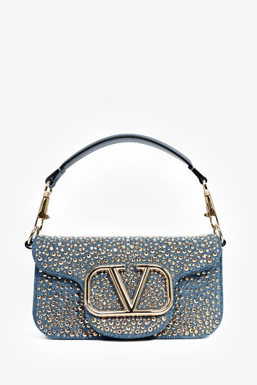 Valentino Blue Denim Crystal Studded V Logo Small 'Loco' Shoulder Bag