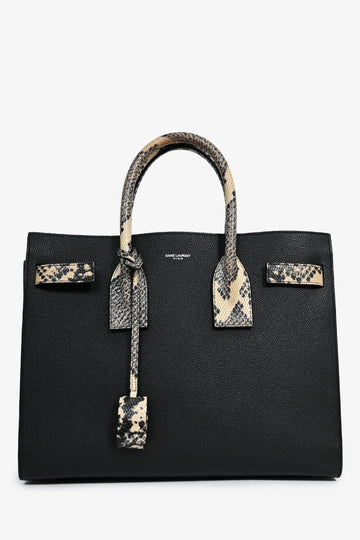 Saint Laurent Black Grained Leather Python EmboESed Handle Small Sac de Jour With Strap
