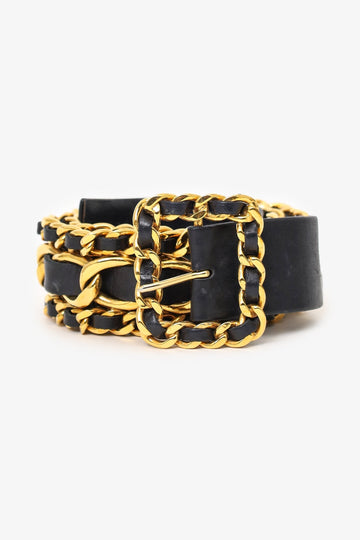 Chanel™ Vintage Black Leather Gold Chain Belt Size 75
